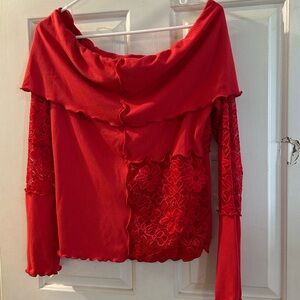 Buckle Red Off-Shoulder Lace Panel Long Sleeve Top
